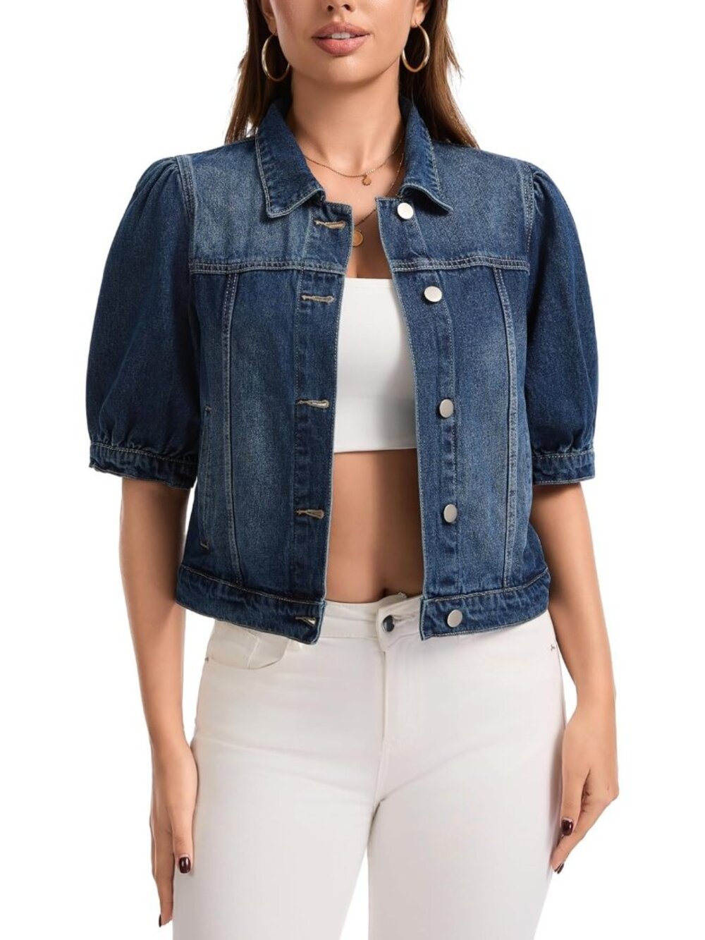 Women's Dark Blue Cropped Short Puff Sleeve Trendy Denim Jackets with Pockets